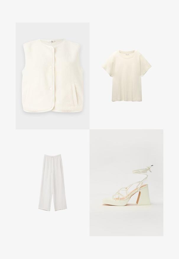 Flisasti prsluk u krem boji, bez rukava, s prednjim dugmadi i bočnim džepovima. Mekana tekstura s glatkom unutrašnjom podstavom.; Svijetlo bež majica kratkih rukava s okruglim izrezom, izrađena od meke, glatke tkanine. Karakterizira je opušteni kroj i ravni rub.; Bijele hlače širokih nogavica napravljene od lagane tkanine. Imaju elastičan pojas s ušicom i bočne džepove. Glatka tekstura.; Bijela sandala na visokoj potpetici s debelim petom, s remenom i vezanjem oko gležnja. Glatka tekstura s platformom sprijeda za dodatnu visinu.