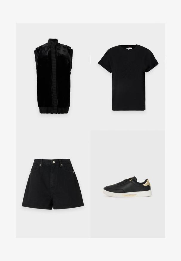 Juodas be rankovių liemenę, pagamintą iš minkštos dirbtinės kailio, su griovelių apykakle ir apatine dalimi, turintį tiesią siluetą ir be matomų užsegimų.; Juodas medvilninis marškinėliai su trumpomis apvyniotomis rankovėmis, turintys reljefinį logotipą centre ir mažą vėliavėlės akcentą šone.; Juodi džinsiniai šortai su aukštu liemeniu, penkiomis kišenėmis, sidabro detalėmis ir standartiniu siluetu, pasižymintys lygia tekstūra ir tvarkingais apdailos darbais.; Juodos odinės sportinės bateliai su lygiu paviršiumi, balta guma padais, auksiniais akcentais ant kulno ir akių, su logotipu ant šono.