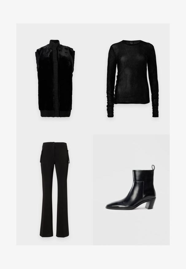 Črna brezrokavnica iz mehkega umetnega krzna z rebrastim ovratnikom in robom, ki ima ravno silhueto in brez vidnih zakov. ; Črn dolgi rokav majica iz lahkega, teksturiranega materiala z nabranimi detajli ob rokavih in stranskih šivih. Okrugel izrez.; Črne široke hlače iz gladkega, raztegljivega materiala. Imajo sprednje zapiranje na gumb in stranske žepe z zadrgo za dodatno uporabnost.; Črne usnjene gležnjarje s koničastim prstom, geometrijsko oblikovanim zloženim peto in zanko na hrbtni strani. Gladka tekstura in eleganten dizajn.