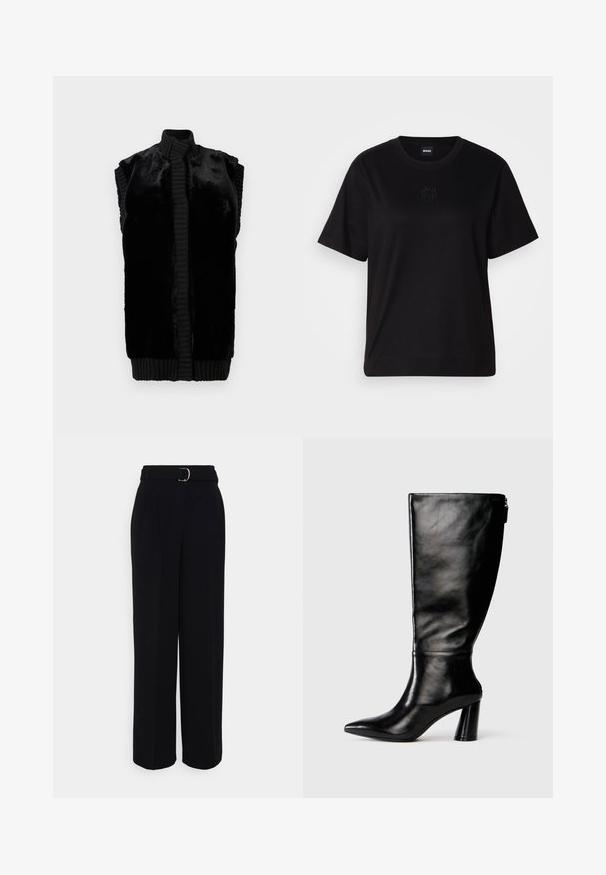 Black sleeveless vest made of soft faux fur with a ribbed collar and hem, featuring a straight silhouette and no visible fastenings.; Black cotton t-shirt with a crew neckline, short sleeves, and an embroidered logo on the chest. Simple, relaxed fit with no patterns.; Black tailored pants with a wide-leg silhouette, featuring a belt with a silver buckle, pleats, and a smooth fabric texture.; Knee-high black leather boot with a pointed toe, smooth texture, and a chunky heel. Features a zipper detail at the back.