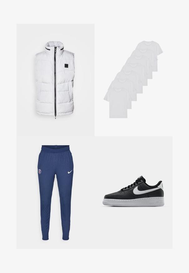 White puffer vest with a high collar, zippered front, and side pockets. Features quilted texture and a branded label on the chest.; White cotton T-shirts, short sleeves, crew neck design, plain texture, stacked in a row, with subtle branding at the neckline.; Navy athletic pants made of textured fabric featuring a Paris logo on the left thigh and a white Nike swoosh on the right.; Black leather sneaker with textured surface, white Nike swoosh, gray sole, round toe, and lace-up design. Features perforations on toe box.