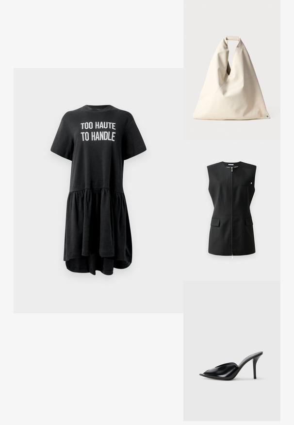 Schwarze ärmellose Jacke mit einem Frontreißverschluss, zwei vorderen Taschen und einem kleinen Akzentdetail. Hergestellt aus glattem Stoff.; Schwarzes T-Shirt-Kleid mit kurzen Ärmeln, schwingendem Saum, gerafftem Rock und weißen Schriftzug "TOO HAUTE TO HANDLE" auf der Vorderseite. Baumwollstoff.; Schwarze Leder-High-Heels mit offener Zehenpartie, spitzem Design, glatter Textur und schmalem Stiletto-Absatz.; Beige, weich strukturierte Tasche mit einem einzigartigen gedrehten Griff und schrägen Nahtdetails. Minimalistisches Design mit einem runden Akzent am Boden.