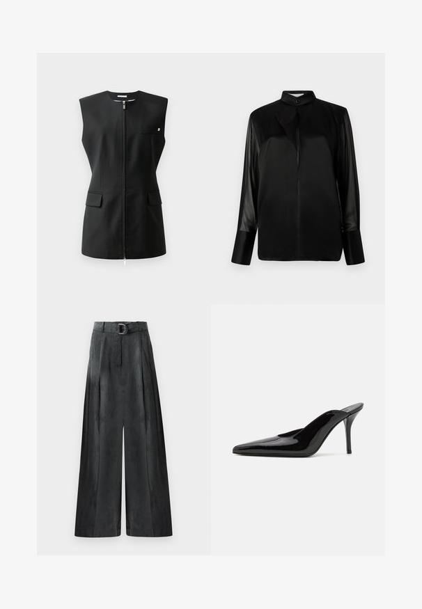 Giacca nera senza maniche con chiusura frontale a zip, due tasche frontali e un piccolo dettaglio decorativo. Realizzata in tessuto liscio.; Blusa nera con colletto alto, maniche lunghe in tessuto trasparente, dettaglio fiocco al collo, realizzata in morbido satin, chiusura frontale con bottoni.; Pantaloni a gamba larga di un grigio scuro, con una texture liscia, pince e una cintura con una fibbia argentata in vita alta.; Mule in pelle patinata nera con tacco alto, punta affilata e silhouette elegante, dotato di apertura sul dietro e tacco a stiletto sottile.