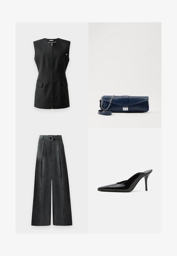 Černá bezrukávová bunda se zipem vpředu, dvěma předními kapsami a malým akcentem. Vyrobeno z hladkého materiálu.; Černá blůza s vyhrnutým límečkem, dlouhými průhlednými rukávy, detailem motýlku u krku, vyrobená z hladké saténové látky, s předním zapínáním na knoflíky.; Široké kalhoty v tmavě šedé barvě, s hladkou texturou, skladbami a páskem se stříbrnou sponou v oblasti vysokého pasu.; Černé lakované kožené muly na vysokém podpatku s špičatou špičkou a elegantním siluetou, s otevřenou zadní částí a štíhlým stiletto podpatkem.; Námořnická modrá kožená kabelka s krokodýlí texturou, stříbrným řetízkovým popruhem a kovovým zapínáním. Obdélníkový tvar s překlápěcím designem.