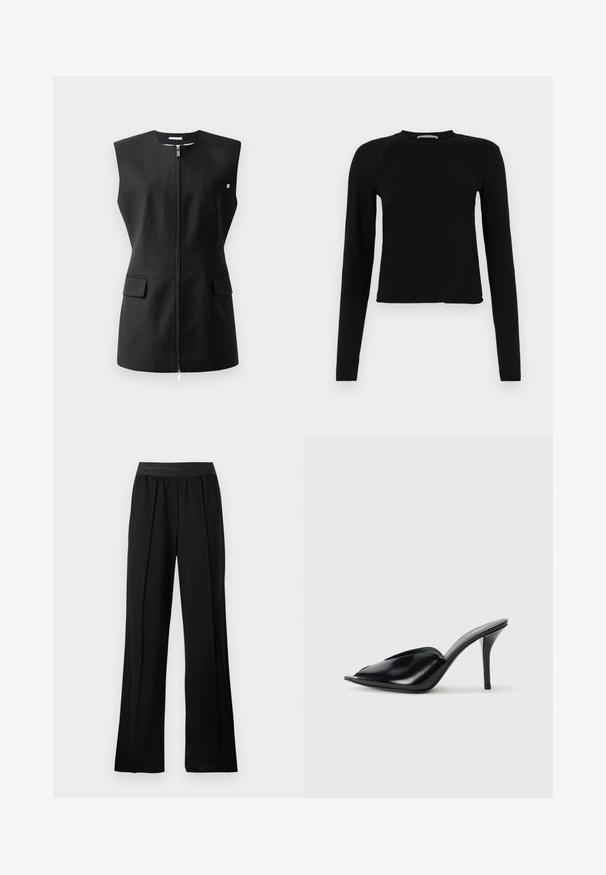 Must have sleeveless jacket, millelukk ja kaks eesmist taskut, kaunistuse detail. Valmistatud siledast kangast.; Must have pikkade varrukatega must lühike top, mis on valmistatud pehmest kangast. Sellel on ümar kaelus ja veidi asümmeetriline hem, millel on peen logo detail.; Mustad laiad püksid, valmistatud siledast kangast ja venitava vöökohtaga. Omavad voldikuid, mis lisavad mahtu ja voolu, ilma nähtavate mustrite või aktsentideta.; Mustad nahast kõrge kontsaga mulad avatud varbaga, terava disainiga, siledapinnalised ja kitsaste stilettokontsadega.