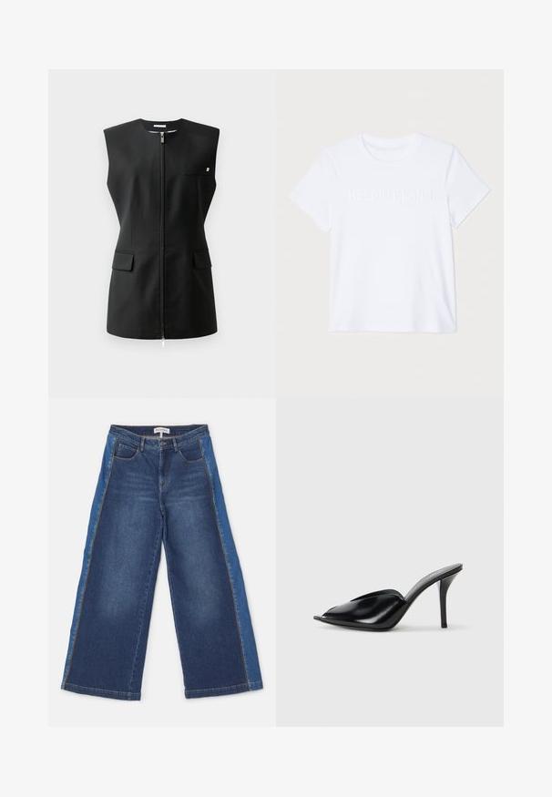 Schwarze ärmellose Jacke mit einem Frontreißverschluss, zwei vorderen Taschen und einem kleinen Akzentdetail. Hergestellt aus glattem Stoff.; Weißes Baumwoll-T-Shirt mit kurzen Ärmeln, das das dezent geprägte Logo "HELMUT LANG" auf der Brust trägt. Rundhalsausschnitt, glatte Textur.; Weite Jeans in mittlerem und hellblauem Denim mit kontrastierenden Einsätzen. Verfügt über fünf Taschen, einen Reißverschluss und einen genähten Saum.; Schwarze Leder-High-Heels mit offener Zehenpartie, spitzem Design, glatter Textur und schmalem Stiletto-Absatz.
