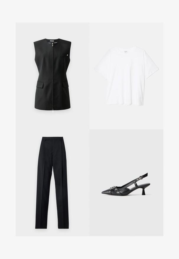 Colete preto sem mangas com fecho de zíper frontal, dois bolsos frontais e um pequeno detalhe de destaque. Feito de um tecido suave.; T-shirt de algodão branco com mangas curtas, decote redondo, corte descontraído e bainha cosida. Etiqueta visível no interior do pescoço.; Calças pretas feitas de um tecido suave, com uma cintura alta, pernas largas, pregas frontais e passadores de cinto clássicos. Não há bolsos laterais visíveis.; Sapato slingback em couro preto com biqueira fina, tiras decorativas com ilhós de metal e um pequeno salto quadrado. Superfície texturizada.