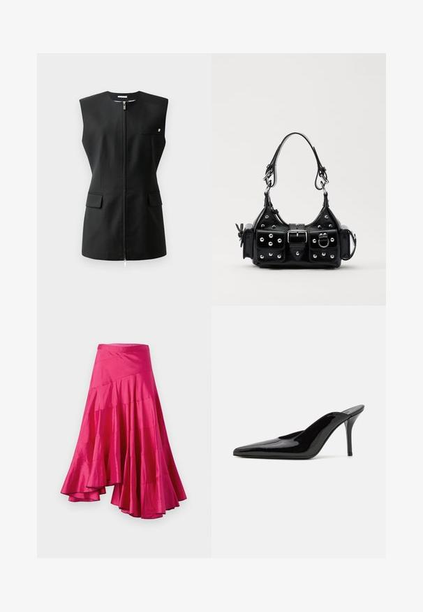 Black sleeveless jacket with a front zip closure, two front pockets, and a small accent detail. Made from smooth fabric.; Black ribbed short-sleeve t-shirt with a round neckline and a square logo detail on the chest. Soft texture and fitted design.; Magenta satin skirt with a flared hem, featuring layered panels and an asymmetrical design. Smooth texture and mid-length cut.; Black patent leather high-heeled mule with a pointed toe and a sleek silhouette, featuring an open back and a slender stiletto heel.; Black leather handbag with a curved design, featuring silver studs, a buckle, and two side pockets. Adjustable strap for carrying options.