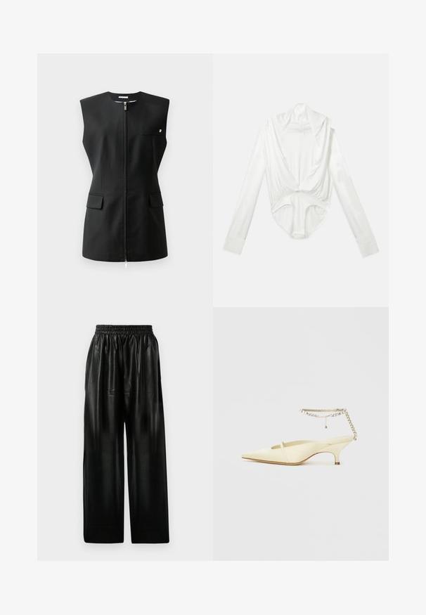 Črna brezrokavnica z zadrgo spredaj, dvema sprednjima žepoma in majhnim detajlom. Narejena iz gladkega materiala.; Bela dolga majica z dolgimi rokavi in globokim dekoltejem ter z zapiranjem na gumbih na mednožju, prikazana na enostavni beli podlagi.; Črne usnjene hlače širokega kroja z elastičnim pasom, ki imajo dve stranski žepi in gladko, sijočo teksturo.; Rumena satenska čevlja s koničastim nosom in nizkim petkom, z dekorativnim zapestnim trakom, okrašenim s kamenčki. Gladka tekstura, minimalen dizajn.