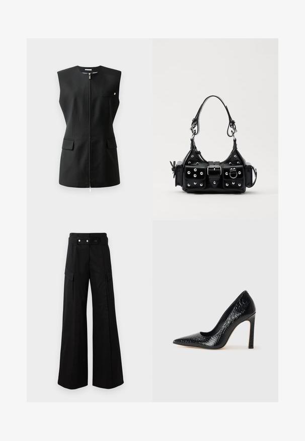 Black sleeveless jacket with a front zip closure, two front pockets, and a small accent detail. Made from smooth fabric.; Black bodysuit with long sheer mesh sleeves, high collar, draped front detail, and a fitted bodice. Fastens at the base with snaps.; Black wide-leg pants with a high waistband, featuring large side pockets, two front buttons, and a loop detail. Made from sturdy fabric.; Black pointed-toe high heel shoe with a crocodile-skin texture, featuring a sleek design, high stiletto heel, and smooth black interior.; Black leather handbag with a curved design, featuring silver studs, a buckle, and two side pockets. Adjustable strap for carrying options.