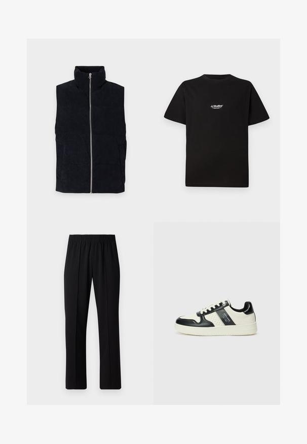 Navy corduroy puffer vest with high collar, front zipper, and two front pockets. Features a textured ribbed pattern.; Black cotton t-shirt with a round neckline and short sleeves. Features a white "JJ Studios" logo on the upper chest area.; Black, elastic-waist trousers with a straight-leg design, featuring a smooth texture and no visible patterns or hardware.; Leather sneakers with a black and cream color scheme, featuring perforated accents, a padded collar, and a textured outsole.