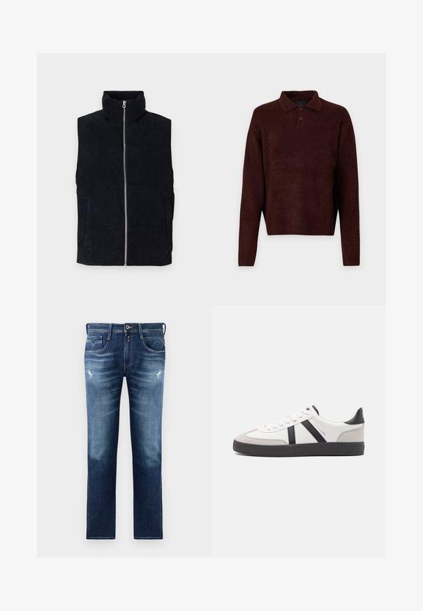 Navy Corduroy-Puffer-Weste mit hohem Kragen, Frontreißverschluss und zwei Fronttaschen. Verfügt über ein strukturiertes, geripptes Muster.; Brauner Strickpullover mit Polo-Kragen, drei Knöpfen am Hals und langen Ärmeln. Weiche Textur, gerippte Bündchen und Saum.; Blaue Denim-Jeans mit regulärer Passform, ausgestattet mit einer verwaschenen Optik, leichten Gebrauchsspuren, fünf Taschen und Kontrastnähten. Knopfverschluss am Bund.; Weiße Sneaker mit schwarz- und grau-aczenten, ausgestattet mit einer strukturierten grauen Zehenkappe, schwarzer Gummi-Sohle und flachen weißen Schnürsenkeln. Sauberes Design, minimalistische Stil.