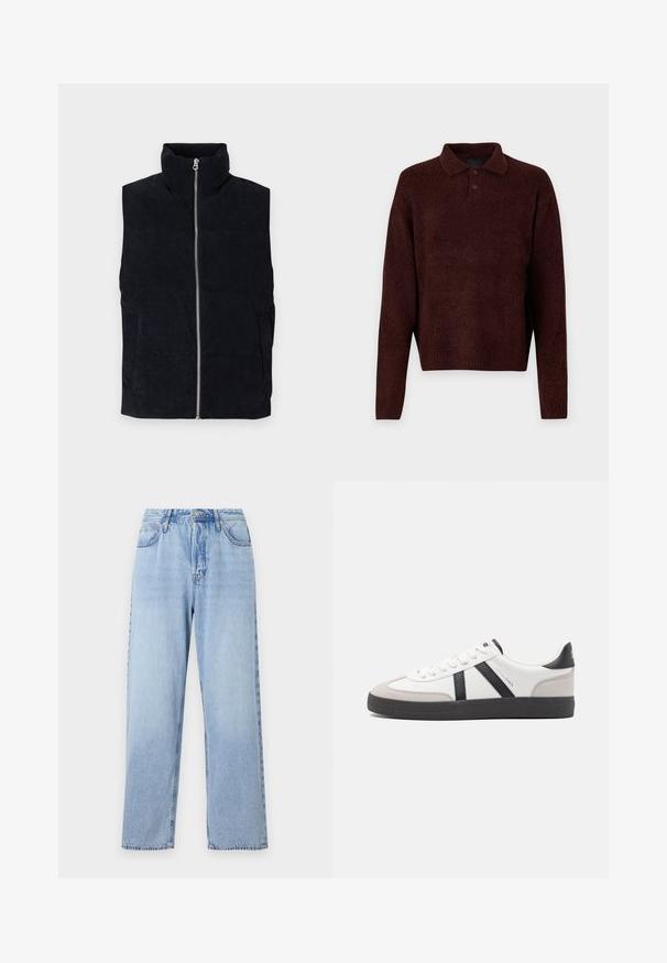 Marineblå kordfløjl puffer vest med høj krave, front lynlås og to frontlommer. Har et struktureret ribbet mønster.; Brun strikket pullover med polo-krave, tre knapper ved halsen og lange ærmer. Blød tekstur, ribbede ærmer og kant.; Lyseblå denimjeans med lige pasform, høj talje, fem lommer og lynlås med knaplukning. Har en falmet vask og kontrastsyninger.; Hvide sneakers med sorte og grå detaljer, med en tekstureret grå tåhætte, sort gummisål og flade hvide snørebånd. Rent design, minimalistisk stil.