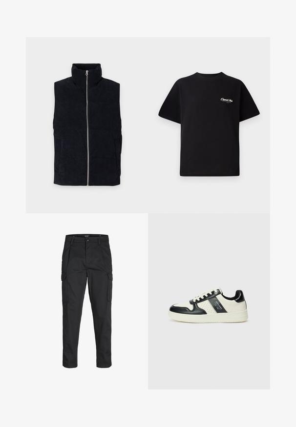 Jūras spēku zilo korduroja pūkainā veste ar augstu apkakli, priekšējo rāvējslēdzēju un divām priekšējām kabatām. Veste ir ar teksturētu ribotu rakstu.; Melnas kokvilnas t-krekls ar apaļu kakla izgriezumu, īsām piedurknēm un maziem baltiem logotipa uzrakstiem kreisajā krūšu daļā. Vienkāršs dizains, klasiskā piegriezne.; Melnas kravas bikses, izgatavotas no izturīga auduma, ar vairākiem kabatām, pogu aizdari un šaura piegriezuma dizainu ar sašaurinātiem kāju apakšiem.; Ādas sporta apavi ar melnbaltu krāsu shēmu, ar perforētiem akcentiem, mīkstinātu apkakli un teksturētu zoli.