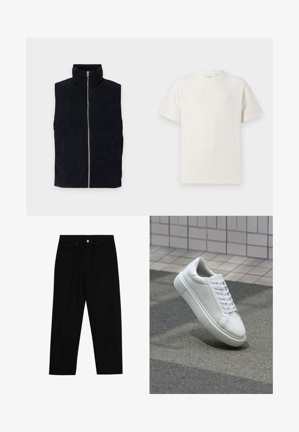 Mörkblå kordfløyels pufferväst med hög krage, framsida dragkedja och två framfickor. Har ett strukturerat ribbat mönster.; Vit t-shirt med kort ärm i ribbad struktur. Rund halsringning, löst sittande passform, inga synliga mönster eller detaljer. Enkelt och mångsidigt design.; Svarta denimbyxor med rak passform, femficksdesign och framknäppning. Slät textur med minimala sömdetaljer.; Vit lädersneaker med en slät yta, rund tå och platta vita snören. Har en texturerad gummisula och minimalistiska designelement.