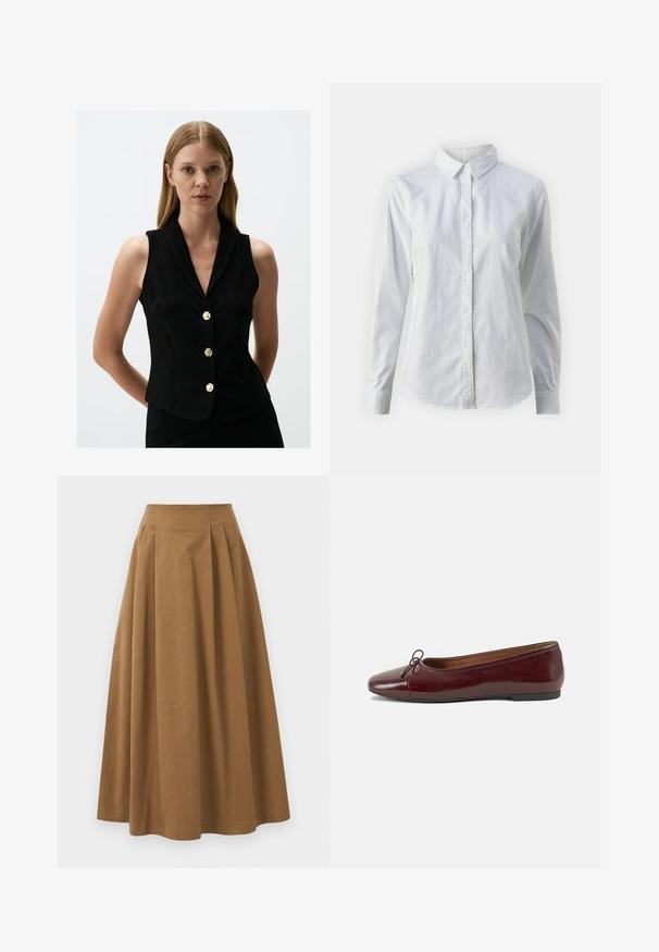 Zwarte mouwloze vest met een kraag, met vijf gouden knoopaccenten, getailleerde pasvorm en een gladde stoffen textuur.; Witte overhemd met knopen van glad katoen, met een klassieke kraag, lange mouwen en een afgeronde zoom. De knopen zijn klein en wit.; Bruine katoen A-lijn rok met een hoge taille, voorzien van plooien aan de voorkant en een gladde textuur. De zoomafwerking is schoon en eenvoudig.; Bordeaux gepatenteerd lederen ballerina met een ronde neus, een klein strikaccent aan de voorkant en een lage, zwarte rubberen zool. Glad textuur.