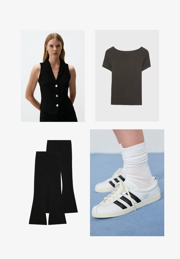 Schwarze ärmellose Weste mit Kragen, ausgestattet mit fünf goldenen Knopfakzenten, taillierte Passform und glatte Stofftextur.; Dunkelgraues Kurzarmoberteil mit Bootsausschnitt. Hergestellt aus geripptem Stoff, mit lockerer Passform und sauberem Saum. Einfaches Design, ohne Muster.; Schwarze, ausgestellte Hose aus elastischem Stoff, mit hohem Bund und glatter Textur, die eng anliegt und ab dem Knie ausgestellt ist.; Weiße Ledersneaker mit schwarzen Streifen, cremefarbener Sohle und hellen Schnürsenkeln. Getragen mit weißen gerippten Socken, positioniert vor einem blauen Hintergrund.