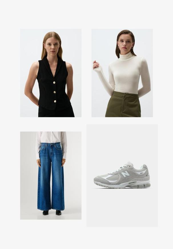 Gilet senza maniche nero con colletto, caratterizzato da cinque bottoni dorati, vestibilità tailored e una texture di tessuto liscia.; Maglietta a maniche lunghe color crema con colletto a dolcevita realizzata in tessuto leggero; design aderente con un leggero lucido e maniche lunghe; abbinata a pantaloni verde oliva.; Jeans a gamba larga blu con vita alta, realizzati in denim, dotati di tasche anteriori e chiusura con bottone. Texture liscia con un lavaggio classico.; Sneaker New Balance 2002R grigio chiaro presenta una tomaia in suede e mesh, dettagli bianchi, suola ammortizzata e tecnologia di ammortizzazione visibile.