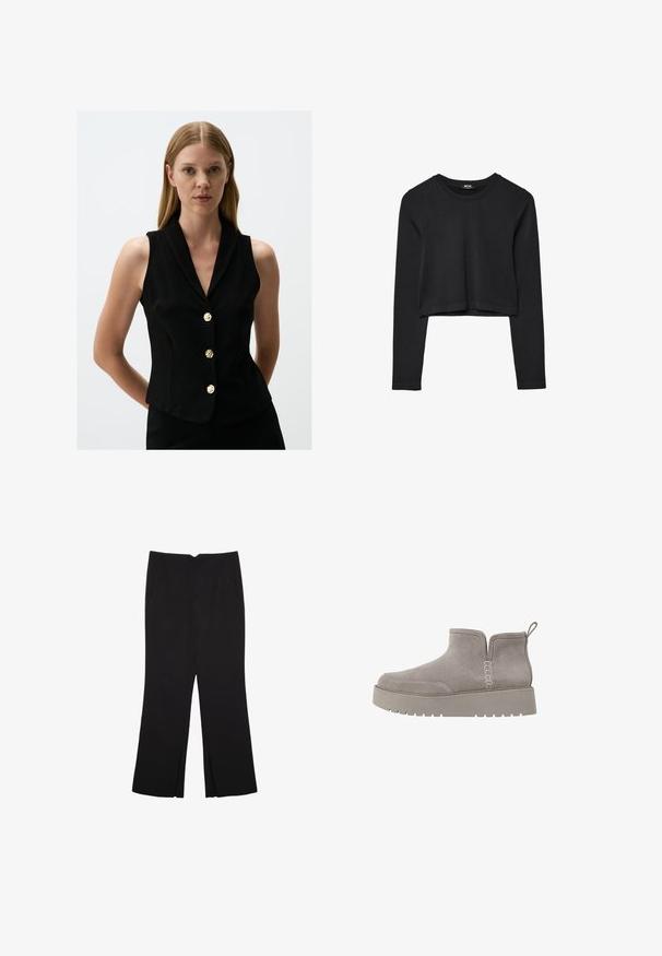 Gilet senza maniche nero con colletto, caratterizzato da cinque bottoni dorati, vestibilità tailored e una texture di tessuto liscia.; Top cropped nero a maniche lunghe con scollatura tonda, design semplice e orlo leggermente curvo.; Pantaloni neri a gamba dritta, con tasche frontali e spacchi laterali all'orlo. Realizzati in tessuto morbido e liscio. Adatti a diverse occasioni.; Stivale alla caviglia in suede grigio, dal profilo basso, con pannelli laterali elastici e suola in gomma testurizzata. Presenta un inserto per una facile calzata.