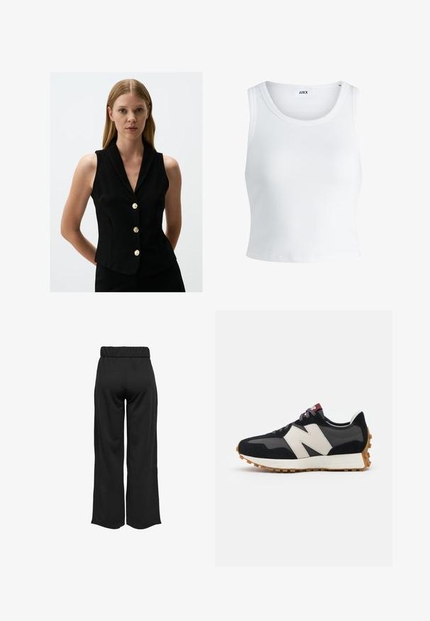 Schwarze ärmellose Weste mit Kragen, ausgestattet mit fünf goldenen Knopfakzenten, taillierte Passform und glatte Stofftextur.; Weißes, geripptes Tanktop mit rundem Halsausschnitt, ärmellosem Design und kurzer Länge. Das Etikett trägt die Aufschrift "JJXX". Glatte Stoffstruktur.; Schwarze, weit geschnittene Hose mit elastischem Bund, aus glattem Stoff gefertigt. Hat ein cleanes Design ohne Taschen oder sichtbare Nähte.; Schwarze und graue Wildledersneaker mit einem großen cremefarbenen "N"-Logo, lila Schnürsenkeln und einer strukturierten Gummisohle.