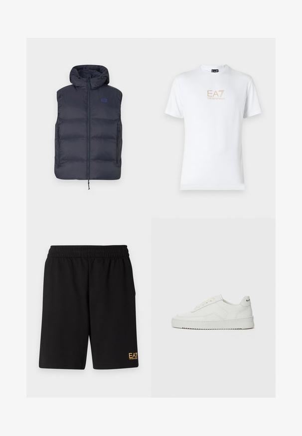 Námornícka pufovaná vesta s kapucňou, celopredným zipsom, bočnými vreckami a prešitým dizajnom. Na ľavej hrudi sa nachádza malé modré logo.; Biela bavlnená tričko s okrúhlym výstrihom a krátkymi rukávmi, na prednej strane s potlačou zlatého loga EA7 Emporio Armani.; Čierne športové šortky vyrobené z jemného materiálu, s elastickým pásom a malým žltým logom EA7 na dolnej ľavej nohe.; Biele kožené tenisky s hladkým povrchom, okrúly špičkový dizajn, ploché šnúrky a textúrovaná podrážka. Obsahujú jemné logo na päte.