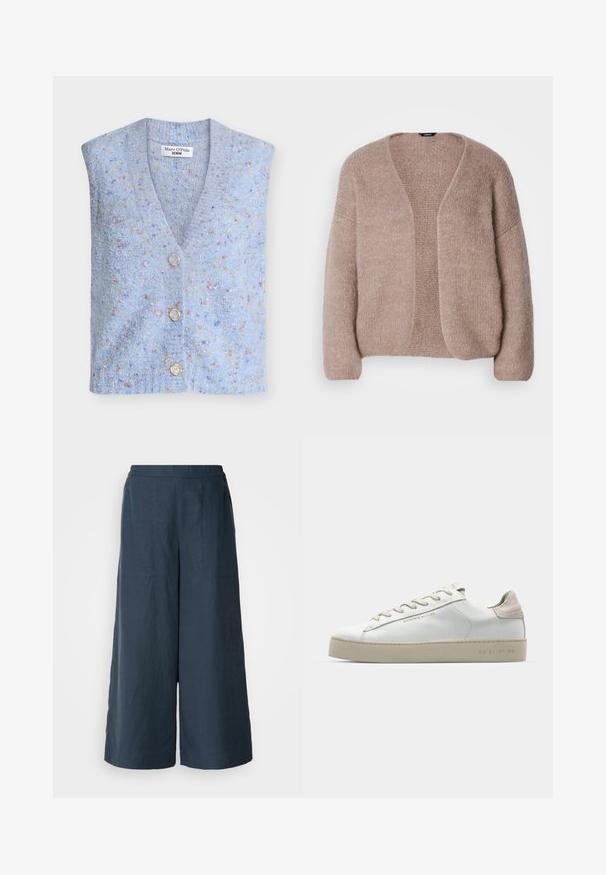 Hellblaues gestricktes Weste mit V-Ausschnitt, vier Knöpfen und einem strukturierten Stoff mit mehrfarbigen Sprenkeln.; Beige gestrickte Strickjacke mit V-Ausschnitt, weiten Ärmeln und offenem Design. Weicher Stoff mit einem leicht groben Strickmuster.; Weißes Baumwolltanktop mit weitem Ausschnitt und dünnen Schulterträgern. Glatte Textur ohne sichtbare Muster oder Verzierungen.; Weite Beinhosen in Marineblau, aus leichtem Stoff. Mit einer leicht strukturierten Oberfläche, elastischem Bund und Vordernähten.; Weiße Leder-Sneaker mit glatter Oberfläche, beigen Wildleder-Akzenten, runder Zehenpartie, flachem Schnürdesign und einer strukturierten Gummisohle.