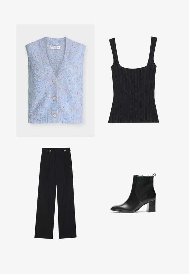 Vaaleansininen neulottu liivi, jossa v-pääntie, neljä nappia ja monivärisiä pilkkuja sisältävä tekstuurinen kangas.; Mustavärinen ribbed-hihaton paita, jossa on neliömäinen kaula-aukko ja kapeat, säädettävät olkaimet. Kangas on teksturoitu ja istuva malli.; Mustat leveälahkeiset housut, joissa on korkea vyötärö, napit vyötärönauhassa ja etupuolella laskokset.; Musta nahkainen nilkkuri, jossa on pyöreä kärki, keskikorkea paksu korko ja vetoketju takana. Sujuva pinta, minimalistinen muotoilu.