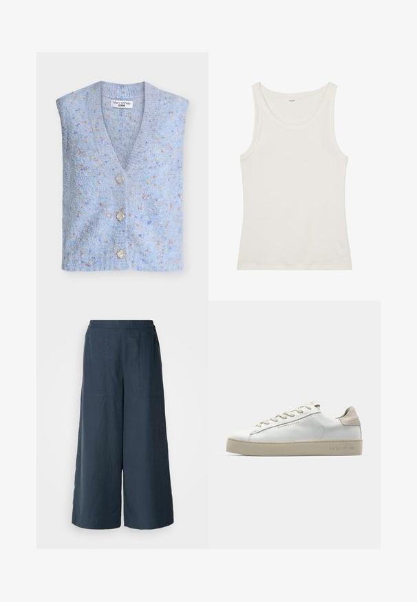 Lyseblå strikket vest med V-hals, fire knapper og et teksturert stoff med flerfargede prikker over hele.; Hvit bomullstopp med vid halsutskjæring og tynne skulderstropper. Glatt tekstur uten synlige mønstre eller dekorasjoner.; Vidde benbukser i marineblå, laget av lett stoff. Har en litt teksturert overflate, elastisk liv og frontseam.; Hvit lær sneakers med en glatt finish, aksenter i beige semsket skinn, rund tå, flat snøring og en teksturert gummisåle.