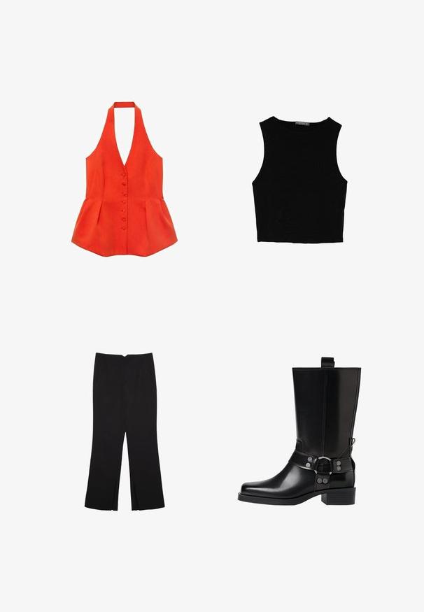 Top rosso con scollo all'americana, corpino aderente, bottoni frontali e orlo a peplo. Realizzato in tessuto testurizzato, presenta linee morbide e un design pulito.; Top corto senza maniche nero realizzato in tessuto liscio, con scollatura rotonda e un design pulito e semplice, privo di pattern o accessori.; Pantaloni neri a gamba dritta, con tasche frontali e spacchi laterali all'orlo. Realizzati in tessuto morbido e liscio. Adatti a diverse occasioni.; Stivale in pelle nera alto fino al ginocchio con punta affusolata, dettagli in argento e tacco largo. Presenta un inserto per facilitare l'indossamento.