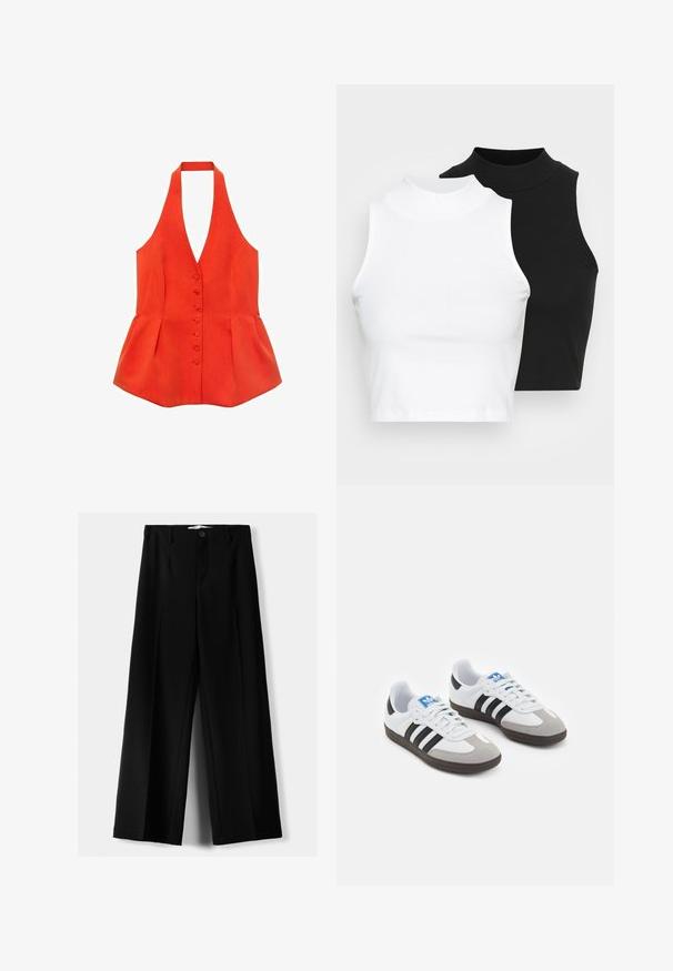 Červený top s ramienkami, s priliehavým telom, prednými gombíkmi a peplum lemom. Vyrobený z textúrovanej látky, s hladkými líniami a čistími detailmi.; Dve bezrukávové rebrované roláky v čiernej a bielej farbe, pričom majú priliehavý strih a hladkú textúru, s krátkou dĺžkou.; Čierne široké nohavice z ľahkého materiálu, s predným zapínaním na gombík a plochým predným dielom, s pekne ušitými lemami.; Športové topánky s bielym koženým zvrškom, šedou semišovou špičkou a tromi čiernymi pruhmi. Obsahujú modré logo na jazyku a štruktúrovanú gumovú podrážku.