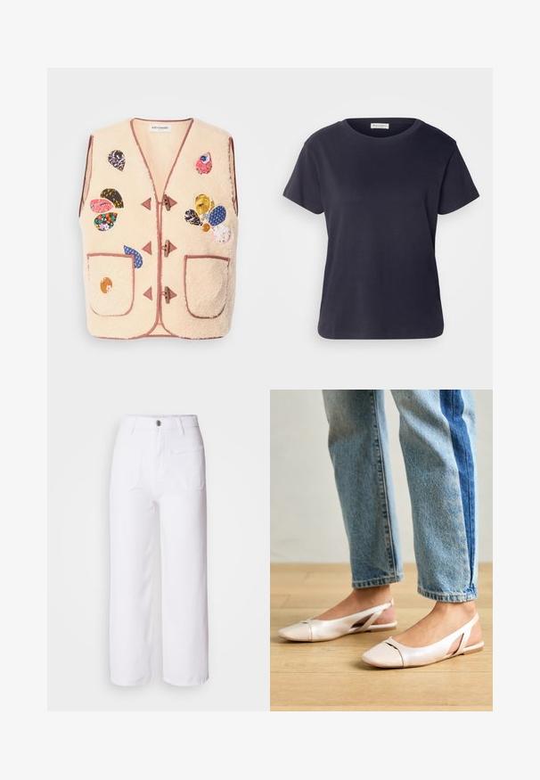 Lollys Laundry VEST - Colete - beige; T-shirt de algodão azul-marinho com decote redondo, mangas curtas e um corte descontraído. Textura suave e design minimalista, sem padrões visíveis.; Calças largas de ganga branca com fecho de botão, passantes para cinto, dois bolsos frontais e um único bolso traseiro. Tecido durável e texturizado.; Sapatilhas slingback de cor rosa pálido com bico fino, feitas de um material semelhante a couro liso. Apresentam detalhes recortados nas laterais e um salto plano.
