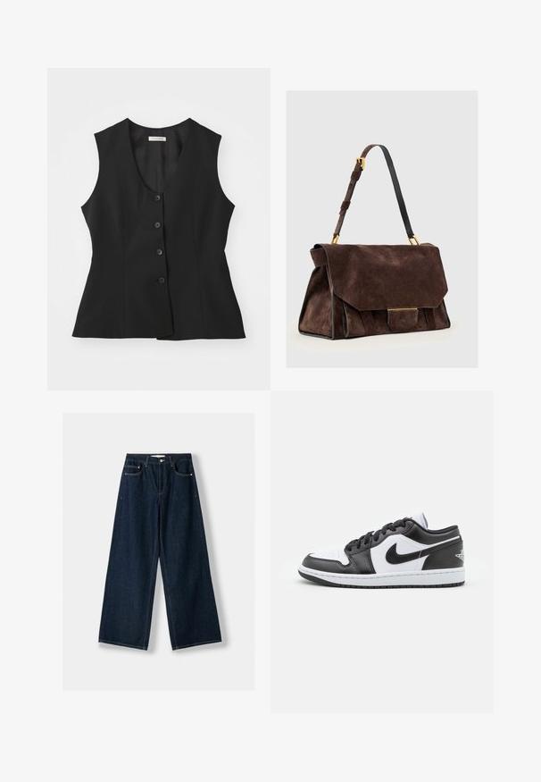 Vest negru fără mâneci, cu decolteu adânc în V, închidere cu cinci nasturi, croi ajustat și textură netedă. Design simplu, fără motive suplimentare.; Pulover bej cu guler înalt, realizat dintr-un material tricotat moale. Prezintă manșete și margine ribbate, cu o croială lejeră și umeri lăsați.; Jeansi largi, de culoare albastru închis, realizați din denim. Au cinci buzunare, închidere cu nasture și fermoar, și detalii de cusătură în contrast.; Sneakers Nike cu talpă joasă, alb-negru, prezintă un superior din piele netedă, vârf rotund, închidere cu șireturi și o talpă din cauciuc cu model.; Geantă de umăr din piele întoarsă maro închis, cu curea reglabilă, accesorii aurii și o clapetă mare în față pentru închidere.