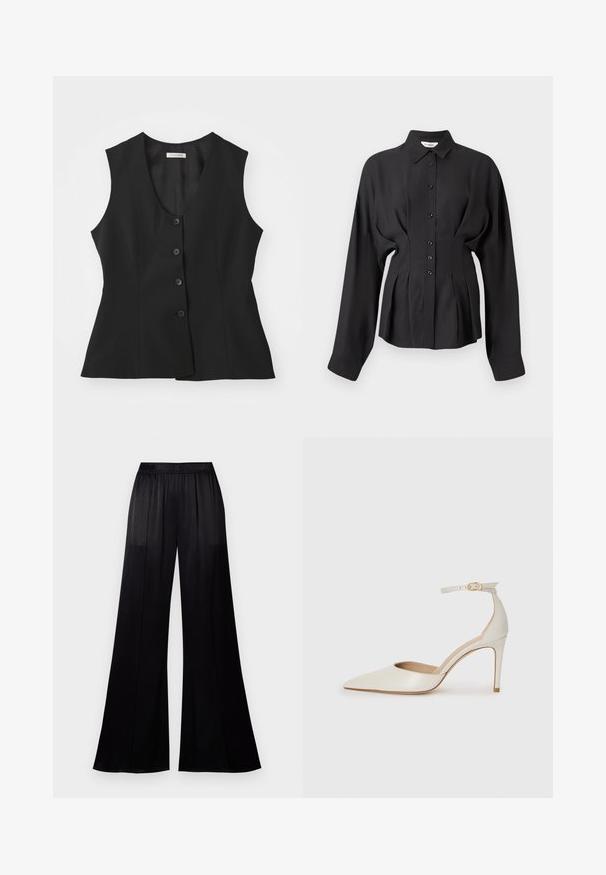 Black sleeveless vest with a deep V-neck, five button closure, tailored fit, and smooth texture. Simple design with no additional patterns.; Black long-sleeve shirt in a smooth fabric, featuring a button-up front, curved hem, and gathered detailing at the waist for a tailored fit.; Black wide-leg pants made of smooth fabric, featuring an elastic waistband and two side seams for added structure.; White leather high-heeled shoe with a pointed toe, ankle strap, and a slim stiletto heel. Smooth texture with subtle glossy finish.