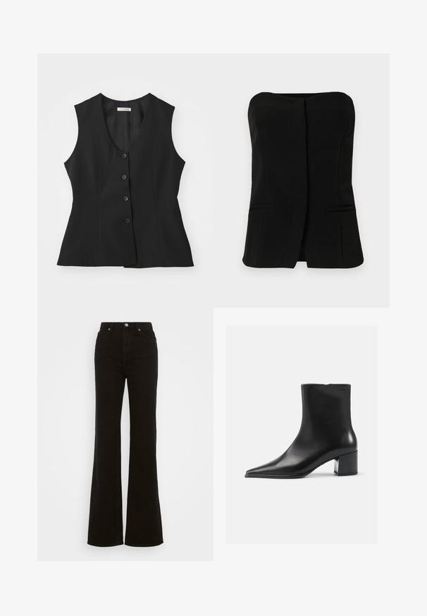 Črna brezrokavna jopica z globokim V-izrezom, petimi gumbi za zapiranje, prileganjem in gladko teksturo. Preprosta zasnova brez dodatnih vzorcev.; Črna brezrokavnik s pravim izrezom, sprednjim gumbom in dvema skritima stranskima žepoma. Gladka tkanina s krojem po meri.; Črne flare kavbojke z visokim pasom, izdelane iz denima, s gumbom za zapiranje, stranskimi žepi in gladko teksturo.; Črne usnjene gležnjarje s poudavljenim nosom, gladko teksturo in srednjim blokastim petom. Minimalistična zasnova, zadrga na hrbtni strani.