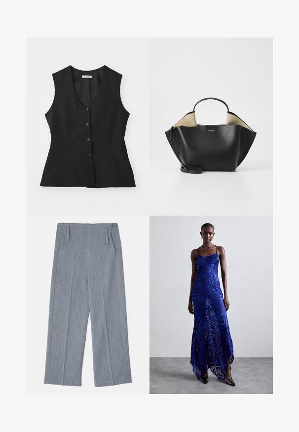 Gilet sans manches noir avec un décolleté en V profond, fermeture à cinq boutons, coupe ajustée et texture lisse. Design simple sans motifs supplémentaires.; Haut noir à manches longues en tissu doux, avec un col rond et une coupe décontractée, doté de fentes sur les côtés à l'ourlet pour faciliter les mouvements.; Pantalons larges gris clair en tissu texturé, avec deux plis avant et deux poches latérales. Design épuré et ajusté.; Robe maxi à imprimé animal bleu et violet avec de fines bretelles, un corsage ajusté, un ourlet évasé et des détails en superposition transparente.; Ree Projects ANN TOTE MINI - Sac à main - black; Boucles d'oreilles en perles argentées avec une forme incurvée en haricot. Surface lisse et brillante, maintenues par une fermeture à tige et à dos.