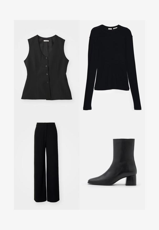 Black sleeveless vest with a deep V-neck, five button closure, tailored fit, and smooth texture. Simple design with no additional patterns.; Black long-sleeve top made of soft fabric, featuring a round neckline and a relaxed fit with side slits at the hem for ease of movement.; Black wide-leg trousers with a high waist, smooth fabric, front button closure, and no visible pockets, featuring a tailored fit.; Black leather ankle boot with a pointed toe and a chunky square heel. Smooth texture with a seamless design and minimalistic stitching.