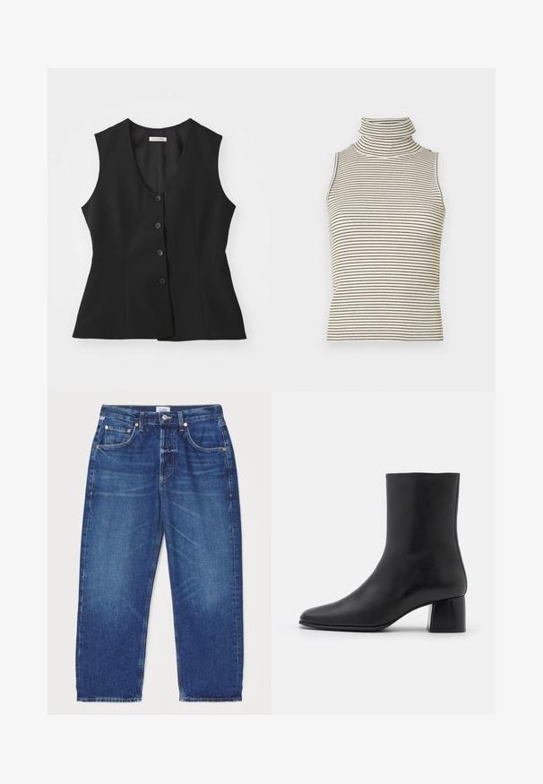 Schwarze ärmellose Weste mit tiefem V-Ausschnitt, fünfknöpfigem Verschluss, taillierter Passform und glatter Textur. Schlichtes Design ohne zusätzliche Muster.; Ärmelloses Rollkragenoberteil mit vertikalen schwarz-weißen Streifen, hergestellt aus einem strukturierten Strickstoff und mit einem hohen, eng anliegenden Kragen.; Citizens of Humanity DAHLIA IN CLAREMONT - Jeans Relaxed Fit - dark-blue denim; Schwarze Leder-Ankle-Boots mit spitzer Zehenpartie und einem klobigen, quadratischen Absatz. Glatte Textur mit nahtlosem Design und minimalistischem Nähen.