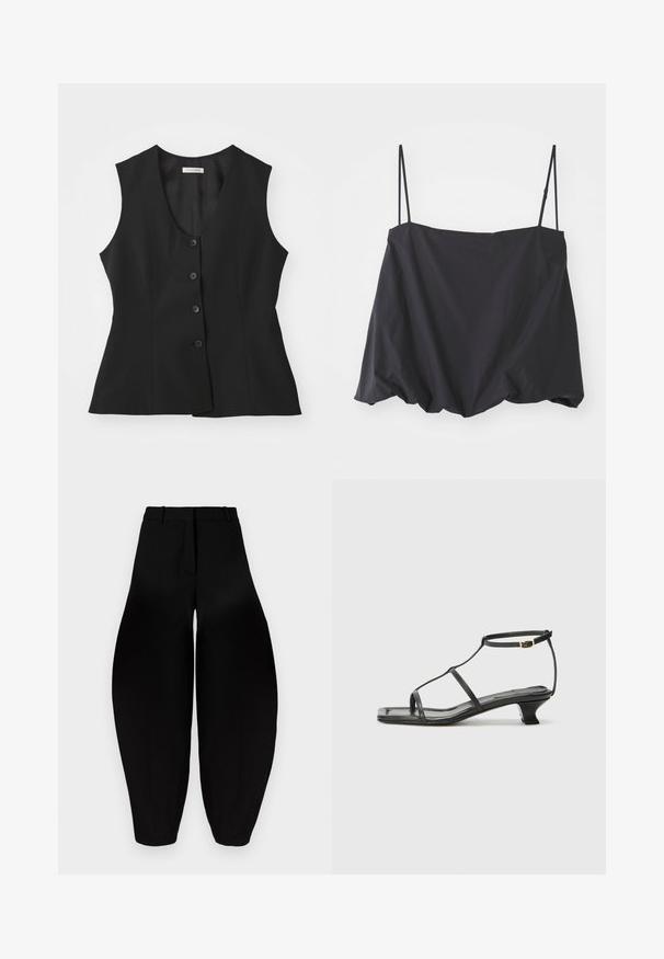 Schwarze ärmellose Weste mit tiefem V-Ausschnitt, fünfknöpfigem Verschluss, taillierter Passform und glatter Textur. Schlichtes Design ohne zusätzliche Muster.; Schwarzes ärmelloses Oberteil mit dünnen Trägern, lockerer Passform und gerafftem Saum. Hergestellt aus leichtem Stoff mit glatter Textur.; Schwarze weit geschnittene Hose mit hoher Taille, gefaltetem Vorderteil und schmal zulaufenden Knöcheln. Hergestellt aus glattem Stoff mit matter Oberfläche.; Schwarze Ledersandale mit quadratischer Zehenpartie, dünnen Riemen, verstellbarem Knöchelriemen und einem niedrigen Absatz. Mit einem kleinen goldenen Akzent am Riemen.