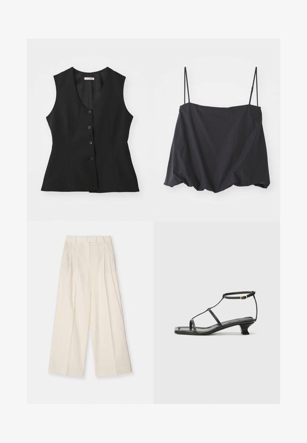 Black sleeveless vest with a deep V-neck, five button closure, tailored fit, and smooth texture. Simple design with no additional patterns.; Black sleeveless top with thin straps, loose fit, and gathered hem. Made of lightweight fabric with a smooth texture.; Wide-leg trousers in textured cream fabric. Features a high waist with pleats, belt loops, and a clean, minimal design.; Black leather sandal with a square toe, thin straps, adjustable ankle strap, and a low heel. Features a small gold accent on the strap.