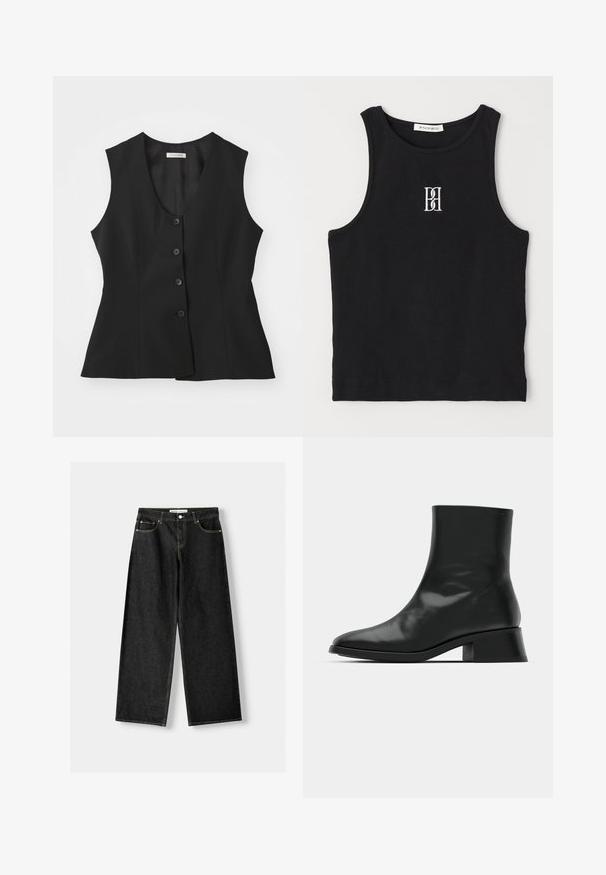 Mustapohjainen hihaton liivi, jossa on syvä V-pääntie, viisi nappia kiinni, muotoonommeltu istuvuus ja sileä pinta. Yksinkertainen muotoilu ilman lisäkuvioita.; Musta ribbed-t-paita, jossa on pyöreä kaula-auko ja valkoisella brodeerattu logo. Kangas on sileä ja muoto on tiivis.; Musta denimi leveälahkeiset farkut, joissa on viisi taskua, metallinappi ja vetoketju, sekä erottuva keltainen ommel saumoissa.; Mustan nilkkuri kiiltävästä nahasta, jossa on tyylikäs muotoilu, terävä kärki ja kohtalaisen tukevat korkeat korot vakautta varten.