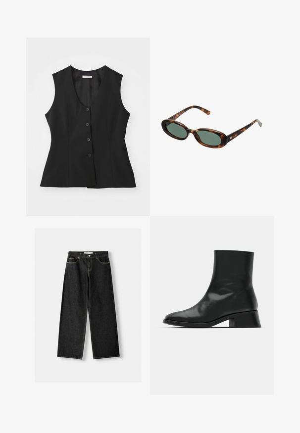 Zwarte mouwloze vest met een diepe V-hals, vijf knoopsluitingen, op maat gesneden pasvorm en een soepele textuur. Eenvoudig ontwerp zonder extra patronen.; Zwarte geribbelde tanktop met een ronde halslijn en een geborduurd logo in het wit. De stof heeft een gladde textuur met een aansluitende pasvorm.; Zwarte denim wijde jeans met vijf zakken, metalen knoop en ritsluiting, en contrasterende gele stiksels langs de naden.; Zwarte enkelboot van glanzend leer, met een slank ontwerp, spitse neus en een gematigde blokhak voor stabiliteit.; schildpadbril met ovale monturen en groene lenzen. Heeft dunne spijlen met een metalen accent nabij de scharnieren.