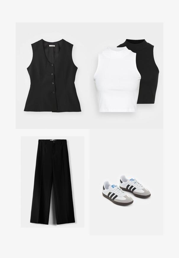 Černá bezrukávová vesta s hlubokým výstřihem do V, zapínání na pět knoflíků, střih na míru a hladká textura. Jednoduchý design bez dalších vzorů.; Dvě bezrukávové halenky s ribovým stojáčkem v černé a bílé barvě, které mají přiléhavý střih a hladkou texturu, s krácenou délkou.; Černé široké kalhoty z lehkého materiálu s předním zapínáním na knoflík a hladkým předním dílem, s pečlivě přišitými lemy.; Sportovní boty s bílým koženým svrškem, šedou semišovou špičkou a třemi černými pruhy. Obsahují modré logo na jazyku a texturovanou gumovou podrážku.