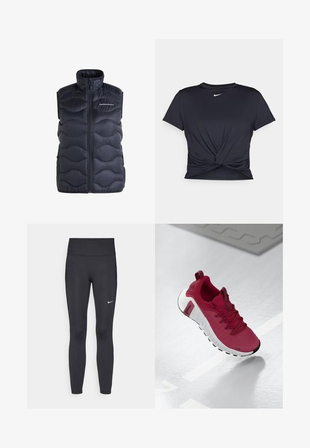 Nabojeni mornarški jopič z visokim ovratnikom, zadrgo in valovitim prešitjem. Ima stranske žepke in logo na prsih.; Črna atletska majica iz gladkega materiala, z vozlanim sprednjim delom in majhnim belim logotipom Nike na prsih.; Črne legice iz elastične tkanine, z visokim pasom in belim Nike logo na levem stegnu. Gladka tekstura, oblikovno prilegajoč dizajn.; Rdeča športna čevlja z teksturirano zgornjščino, vezalkami in debelim belim podplatom. Ima kontrastno črno zaščito prstov in logo na strani.