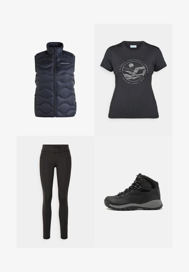 Gewatteerde marineblauwe vest met hoge kraag, ritssluiting en golvend gestikt ontwerp. Bevat zijzakken en een logo op de borst.; Zwarte Columbia t-shirt met witte cirkelvormige lijntekening van bergen en een rivier en de tekst "Columbia Sportswear Company Outside Since 1938."; Zwarte leggings met een hoge tailleband, een trekkoord, een gladde textuur en een aansluitend ontwerp. Kenmerkt zich door stikseldetails langs de zijkanten.; Zwarte wandelschoen met een mid-top ontwerp, voorzien van een gestructureerde bovenkant, grijze accenten en een duurzame rubberen zool met gripnoppen.