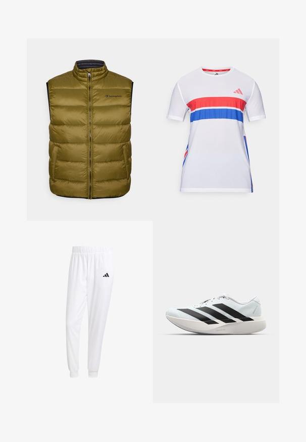 Olivzaļa, bez piedurknēm, piepūšama veste ar augstu apkakli, priekšējo rāvējslēdzēju un sānu kabatām. Logo kreisajā krūtī, teksturēts kvadrātveida dizains.; Balts sporta T-krekls ar sarkaniem un ziliem horizontāliem svītrainiem, izgatavots no elpojoša auduma, ar īsām piedurknēm un apaļu kakla izgriezumu.; Baltas sporta bikses, kas izgatavotas no gludas auduma, ar elastīgu jostu un pieguļošiem uzmavām, ar melnu logotipu aizmugurējā kabatā.; Gaiši zili vieglie skriešanas apavi ar melniem svītrainiem. Iezīmēti ar gludu augšpusi, apaļu purngalu un biezāko balto vidējo zoli, kurā ir uzraksts "LIGHTSTRIKE PRO."