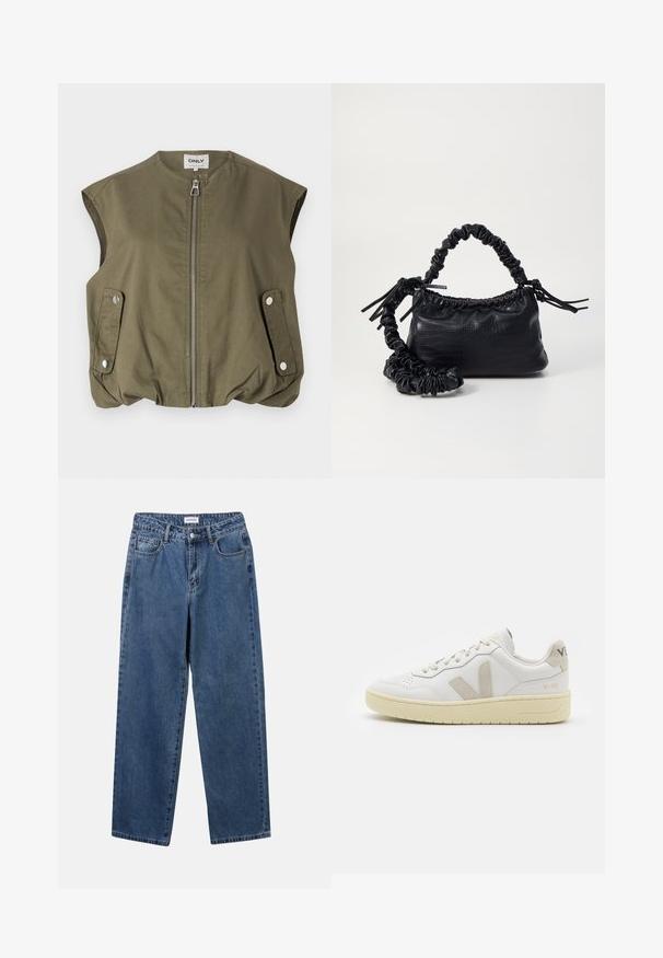 Oliven grøn ærmeløs vest lavet af letvægtsstof, med en frontlynlås, tryklåslommer og en samlet bundkant.; Grøn- og hvidstribet sweater med en afslappet pasform, brede ærmer og ribstrikkede manchetter. Lavet af blødt, tekstureret strikmateriale.; Klassiske blå denimbukser med lige ben, fem lommer og knaplukning. Har en medium vask og en robust tekstur.; Hvide lærreds sneakers med beige ruskindsdetaljer, perforeret tåboks, flade snørebånd og en struktureret cremefarvet sål. Har diskret branding på hælen.; Sort kunstlæder håndtaske med krokodilteksur, indsnøret top og en sammenkrøben rem. Ser blød og kompakt ud i designet.
