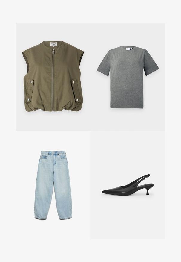 Oliwkowa kamizelka bez rękawów wykonana z lekkiego materiału, z przednim zamkiem błyskawicznym, zatrzaskowymi kieszeniami i marszczonym dolnym brzegiem.; Szara koszulka z krótkim rękawem, wykonana z miękkiej bawełny. Okrągły dekolt, luźny krój o gładkiej fakturze i minimalistycznym wzornictwie.; Jasnoniebieskie dżinsy o luźnym kroju, wysokim stanie i szerokich nogawkach z delikatnie wyblakłą teksturą oraz klasycznym pięciop pocketowym wzorem.; Czarne skórzane buty typu slingback z wydłużonym noskiem i smukłym, zakrzywionym obcasem. Posiadają dyskretny regulowany pasek z metalową klamrą.