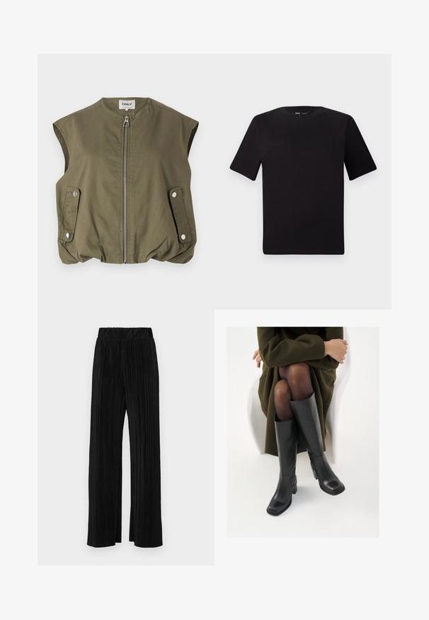 Gilet sans manches vert olive en tissu léger, doté d'une fermeture éclair sur le devant, de poches à pression et d'un ourlet froncé.; T-shirt noir à manches courtes avec un col rond, fabriqué en coton doux. Design simple, sans logos ni motifs visibles.; Pantalons plissés noirs avec une taille élastique. Présente des jambes larges et un tissu lisse texturé avec des rayures verticales.; Bottes en cuir noires arrivant au genou, avec un bout carré et un talon carré, présentées sur un modèle assis dans un manteau vert olive. Texture lisse, détails minimaux.