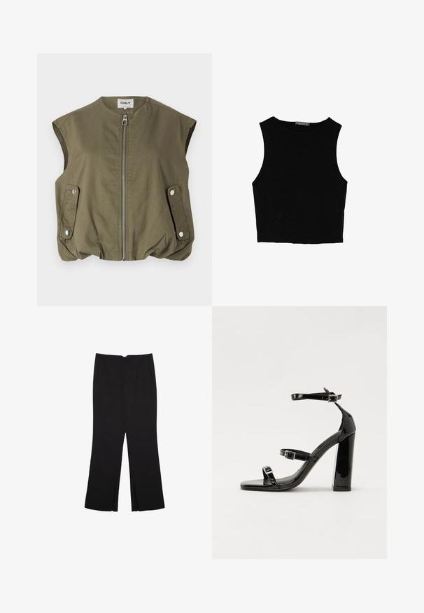 Olive green sleeveless vest made of lightweight fabric, featuring a front zipper, snap pockets, and a gathered bottom hem.; Black sleeveless crop top made of smooth fabric, featuring a round neck and a clean, simple design without patterns or hardware.; Black trousers with a straight fit, featuring front pockets and side slits at the hem. Made of soft, smooth fabric. Suitable for various occasions.; Black patent heeled sandals with a square toe, ankle straps, and silver buckles. Features a chunky block heel for stability.