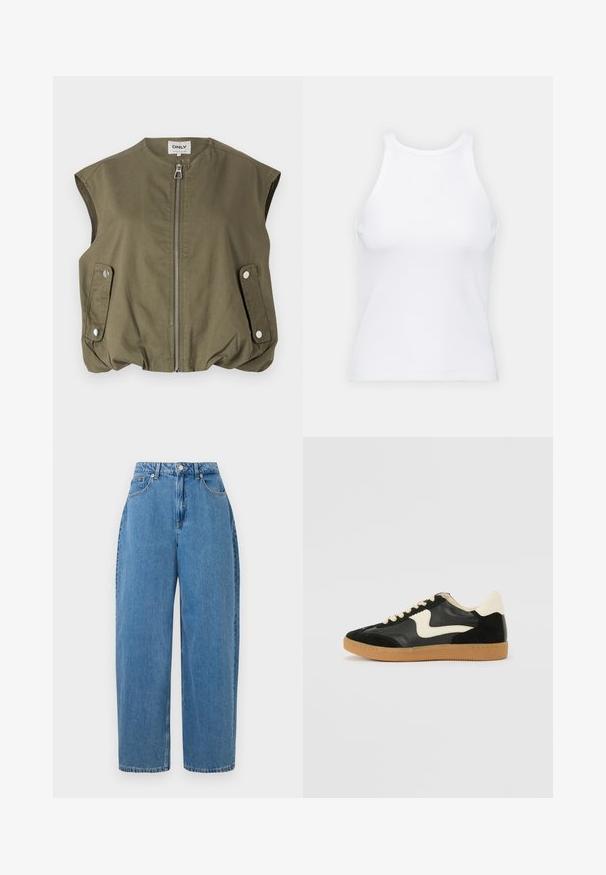 Olivgrüner ärmelloser Weste aus leichtem Material, mit einem Frontreißverschluss, Druckknopftaschen und einem gerafften Saum.; Weißes ärmelloses Tanktop aus geripptem Stoff, mit rundem Ausschnitt und figurbetonter Silhouette, minimalen Nähten und ohne Verzierungen.; Hellblaue Jeanshose mit geradem Bein, hoher Taille und Knopfverschluss vorne. Verfügt über fünf Taschen und minimale Nähte.; Schwarze Wildleder- und Leder-Sneaker mit einem cremefarbenen Seiten-Swoosh und einer hellcremefarbenen Ferse. Ausgestattet mit beige Schnürsenkeln und einer Gummilaufsohle.